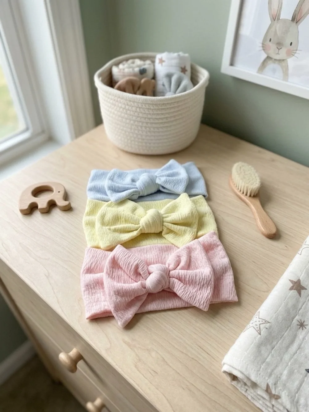 NEW trio of handmade Baby Girl bow Headband cute baby shower gift, nylon fabric.